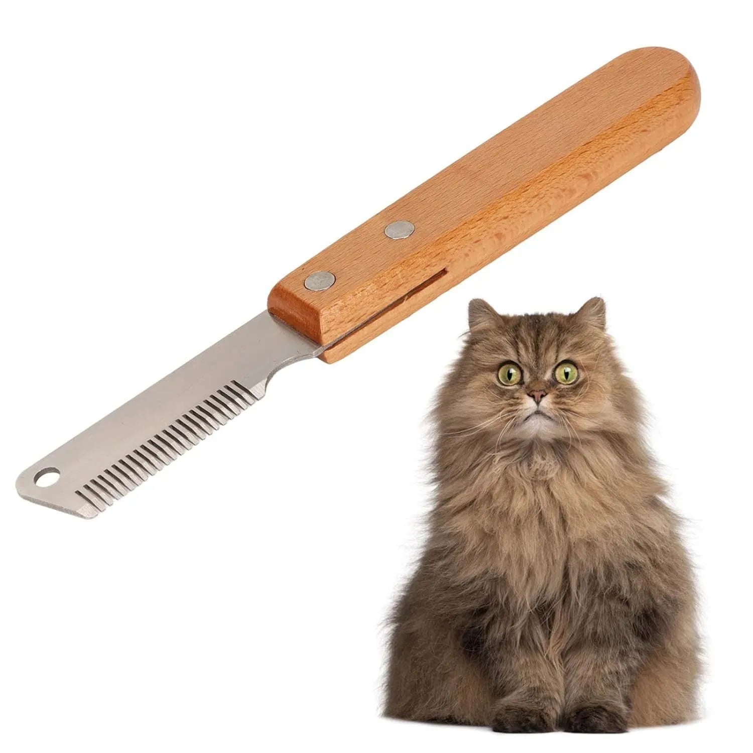Pet stripping comb with wood handle and metal teeth for grooming long-haired dogs and cats.