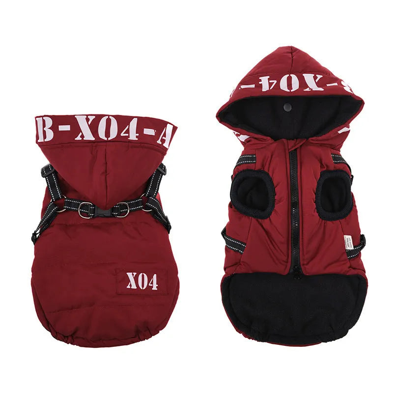 Fleece-lined waterproof dog winter jacket with hood in red colour on small dog