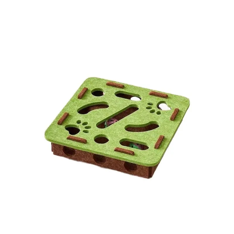 Square felt cat toy with artifact holes in green brown colour measuring 30cm