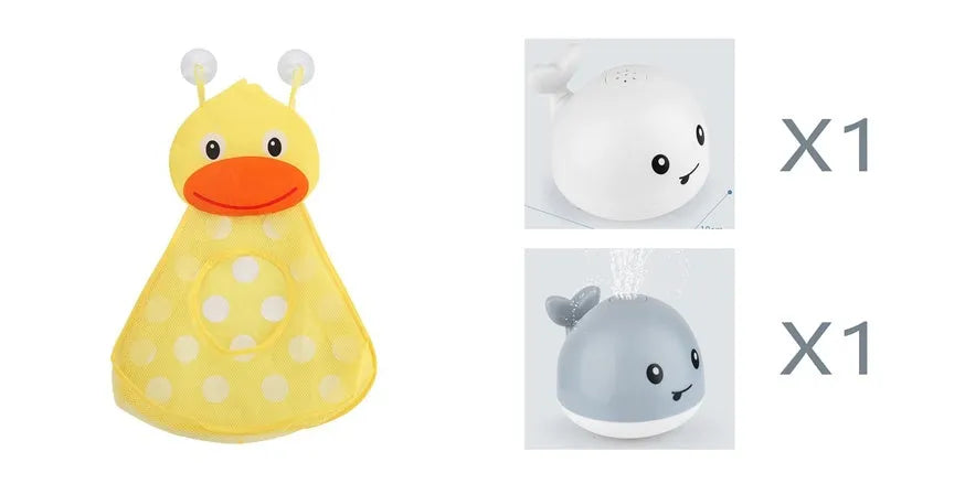 Electric whale-shaped baby bath toy with water spray, LED lights, and automatic water sensor