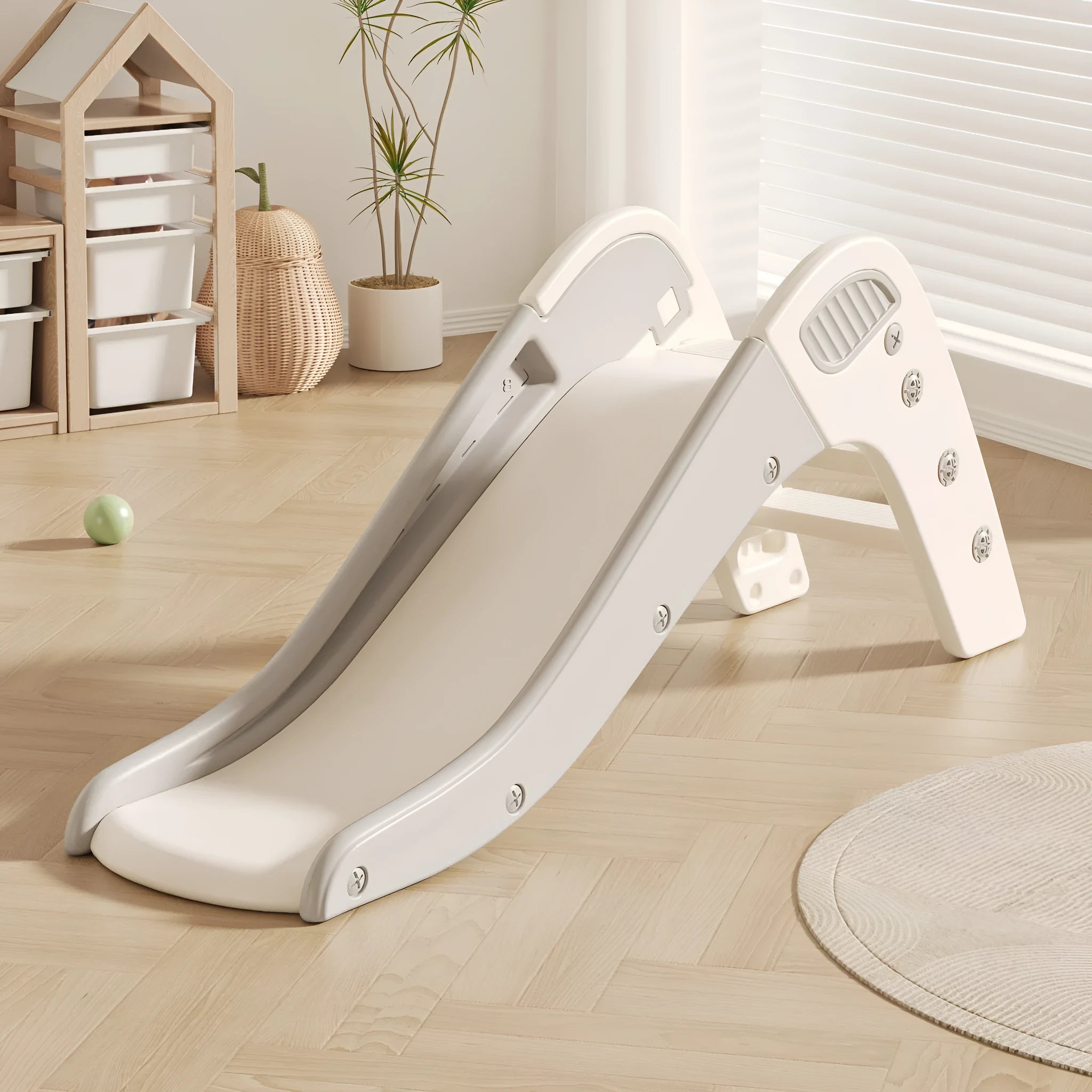 Small plastic baby slide in blue, yellow, brown, or grey for babies under 3 years old