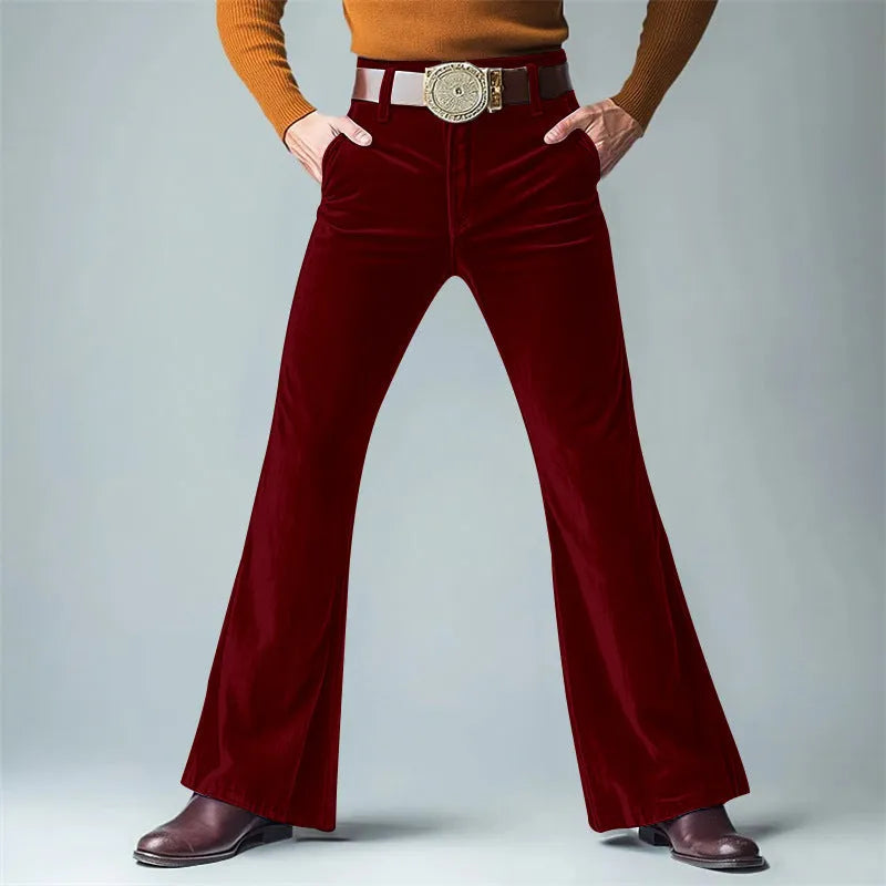 Men's gold velvet slim flared suit trousers in polyester blend fabric