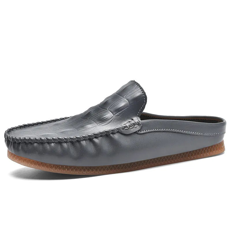 Men's black breathable Gommino semi-slippers with artificial PU upper and rubber sole.
