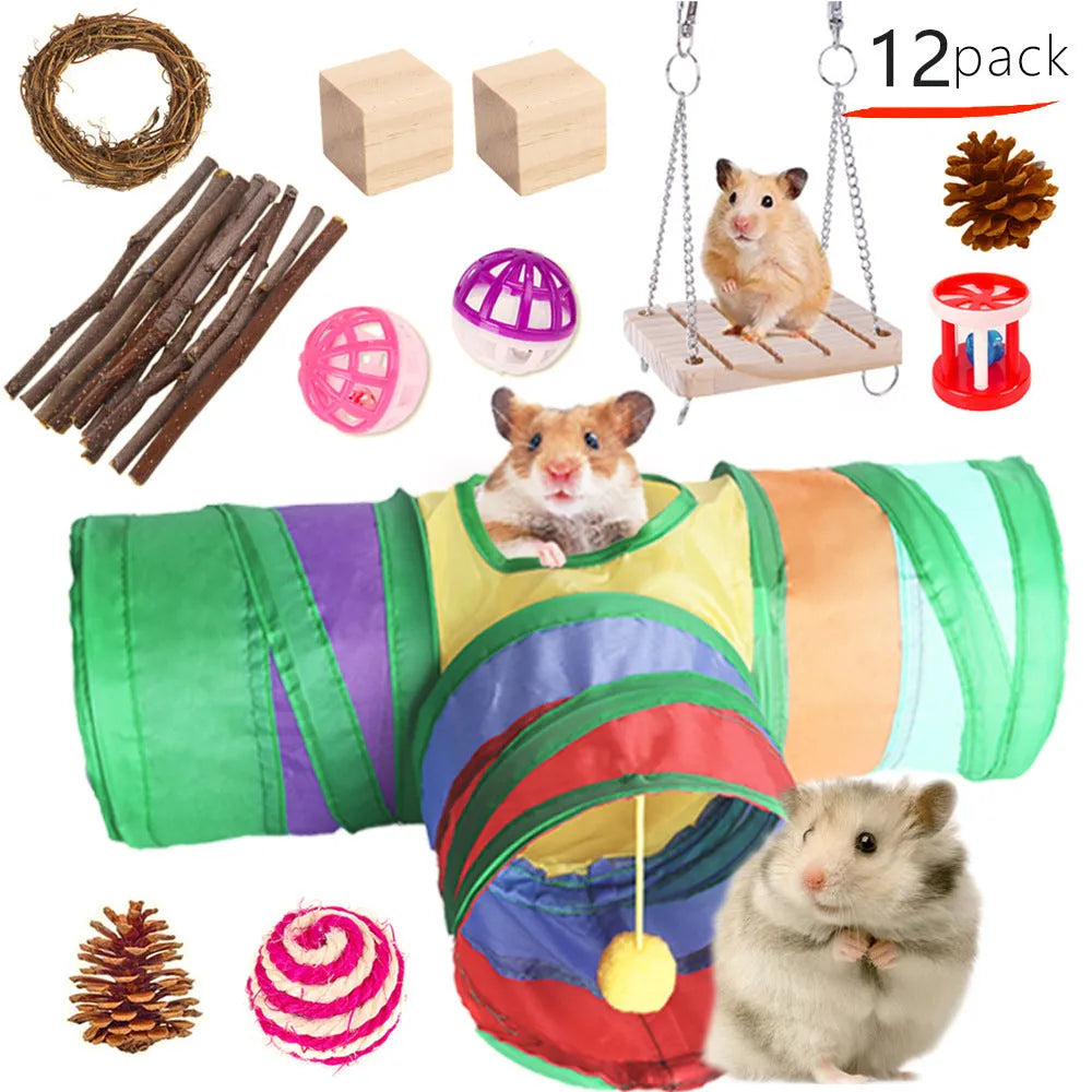 Wooden pet toy set with chewable pieces for rabbits, guinea pigs and parrots