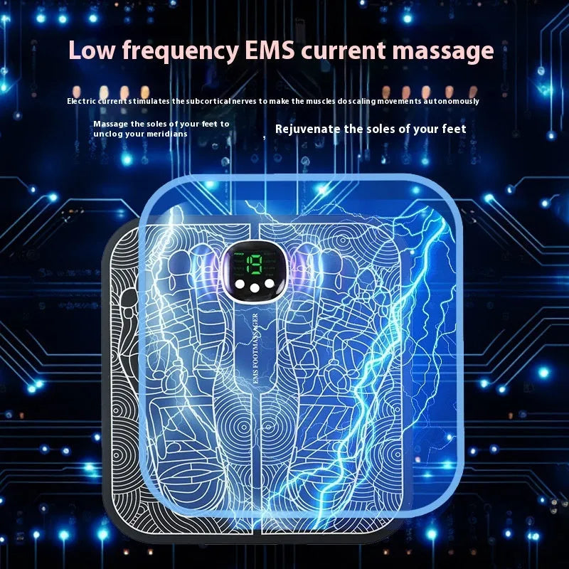 Rechargeable reflexology foot massager mat with remote control on a wooden floor.