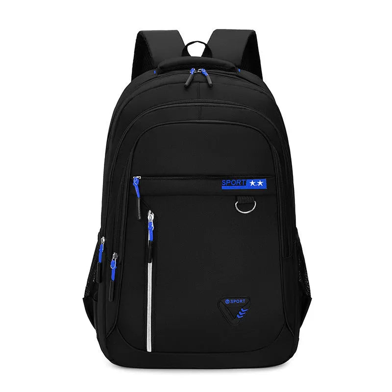 Men's large Oxford cloth schoolbag in black with letter pattern, showing air pillow belt and splicing detail.