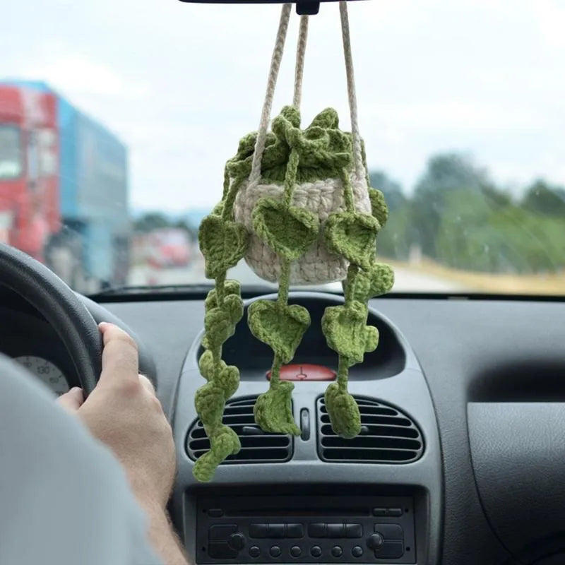Green and white knitted car plant decoration with hanging rope on 8cm plastic base