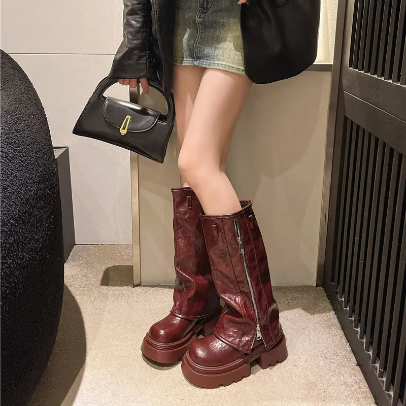 Platform Muffin Pants Martin Boots in black, brown, or wine red with chunky rubber sole and high cylinder sock