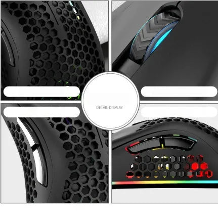 Wireless gaming mouse with hollow-out shell showing RGB lighting through openings