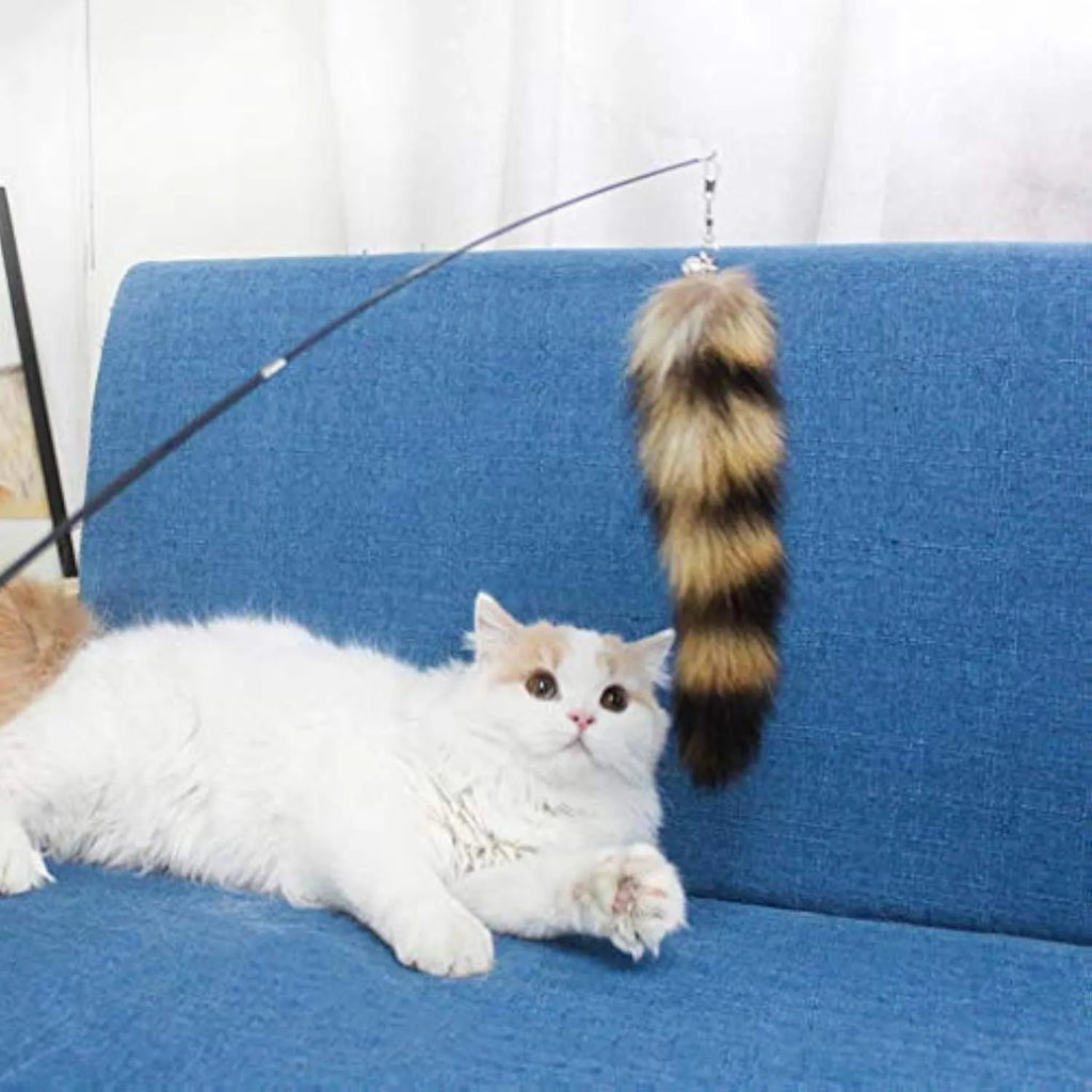 Black cat toy wand with elastic string, measuring 42cm long.