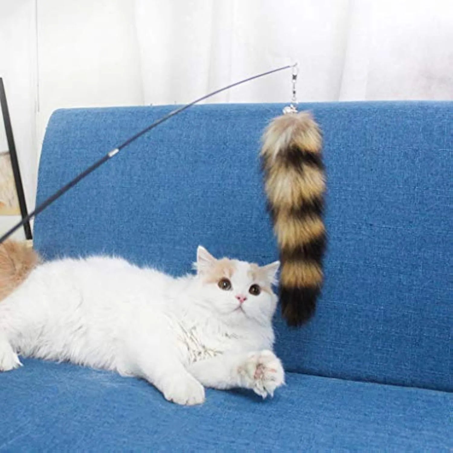Black cat toy wand with elastic string, measuring 42cm long.
