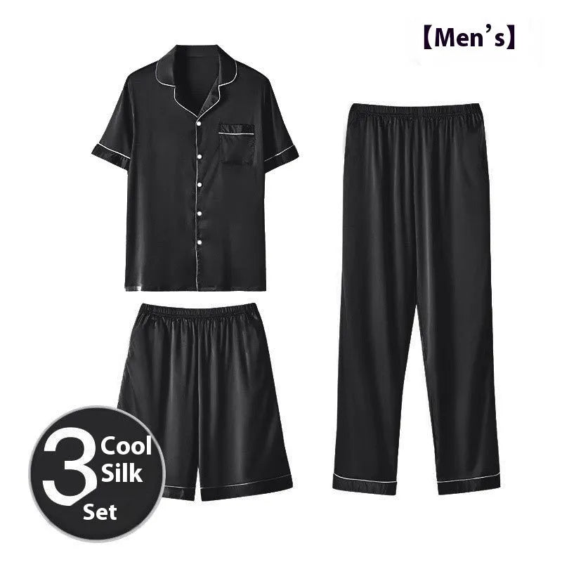 Men's ice silk three-piece homewear set in multiple colours showing top, shorts, and trousers for lounge wear