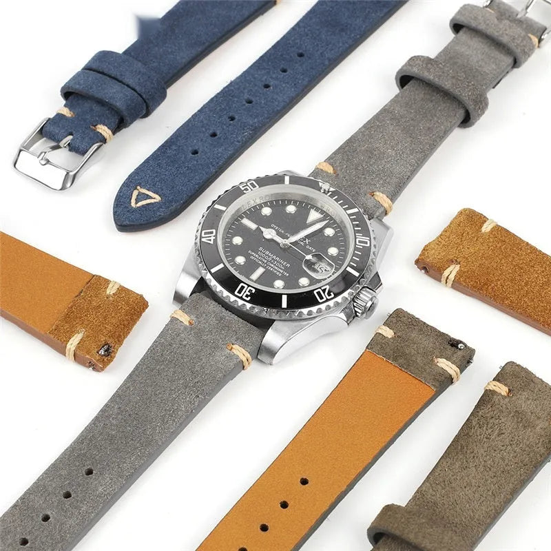 Brown genuine suede leather watch strap with small waist design on a wrist.