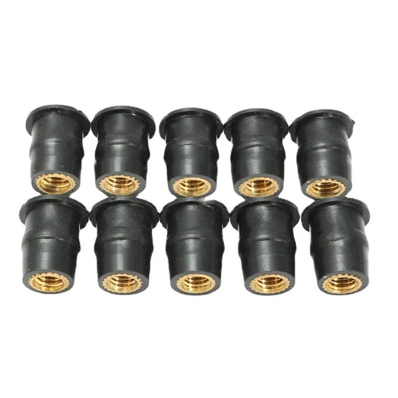 Black motorcycle windshield rubber well nut fasteners with brass threads in M4 M5 M6 sizes, kit of 10 pieces.