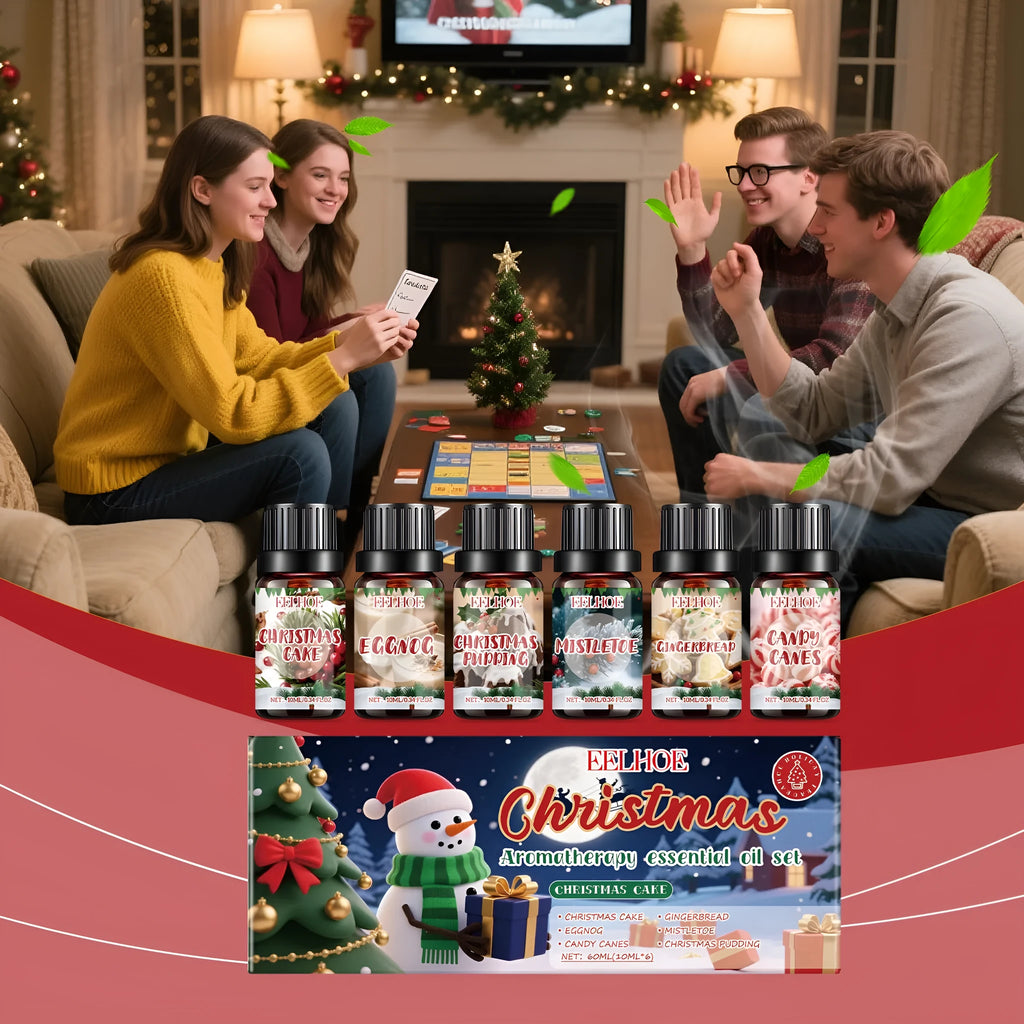 Christmas aromatherapy oil set showing six 60ml bottles with warm home scents for festive air freshening