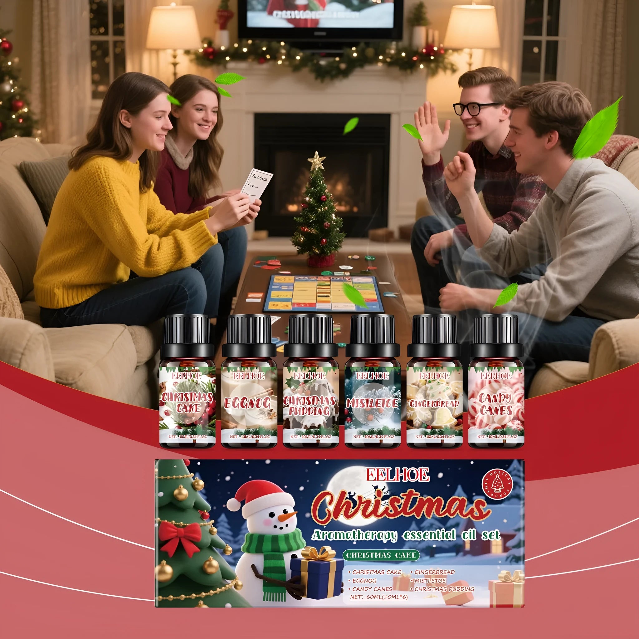 Christmas aromatherapy oil set showing six 60ml bottles with warm home scents for festive air freshening