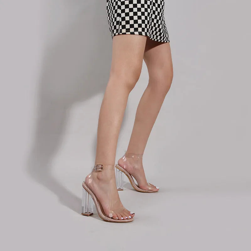 Women's apricot high heels with transparent glass heels and PVC upper with buckle fastening