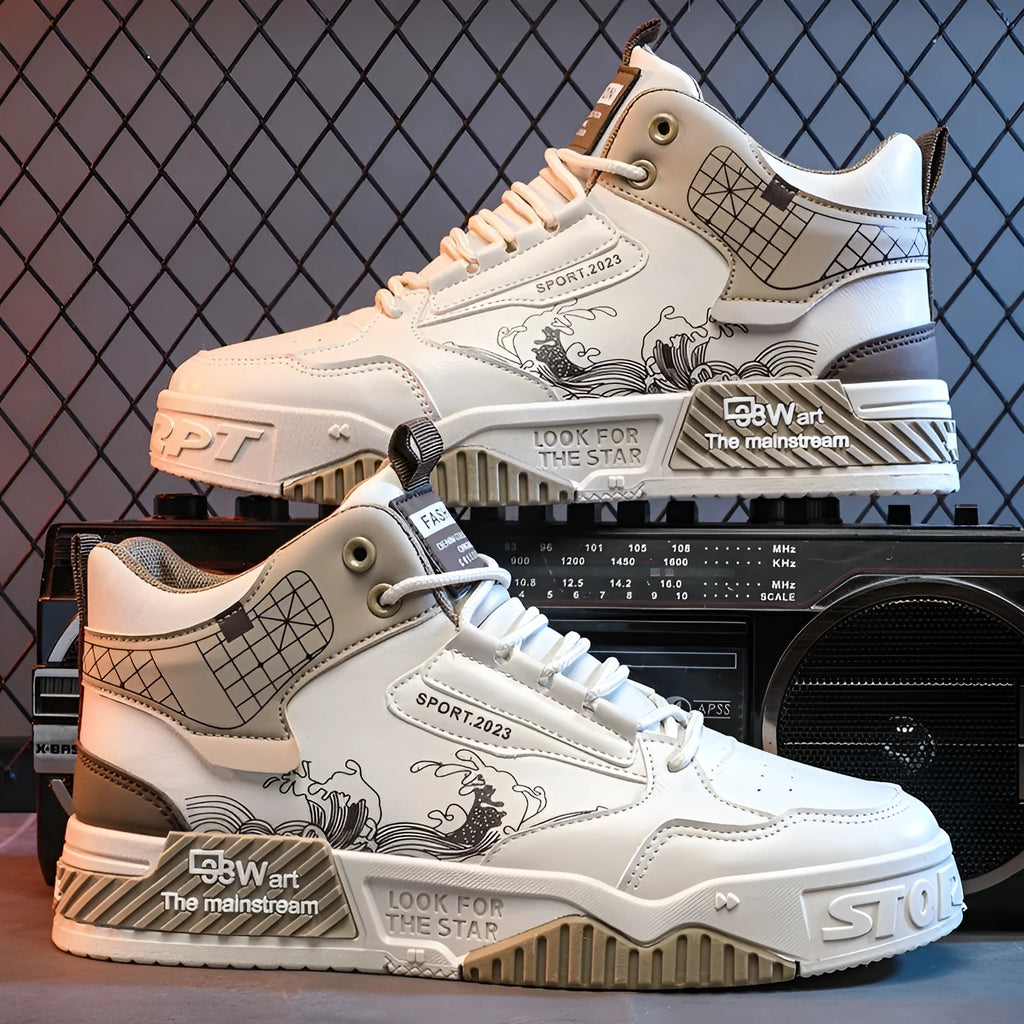 Men's high-top casual board shoes in beige, white, and blue with flat rubber soles and lace-up front