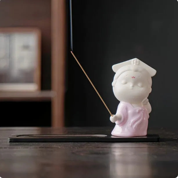 Ceramic court attendant incense burner decoration in cute female figure design