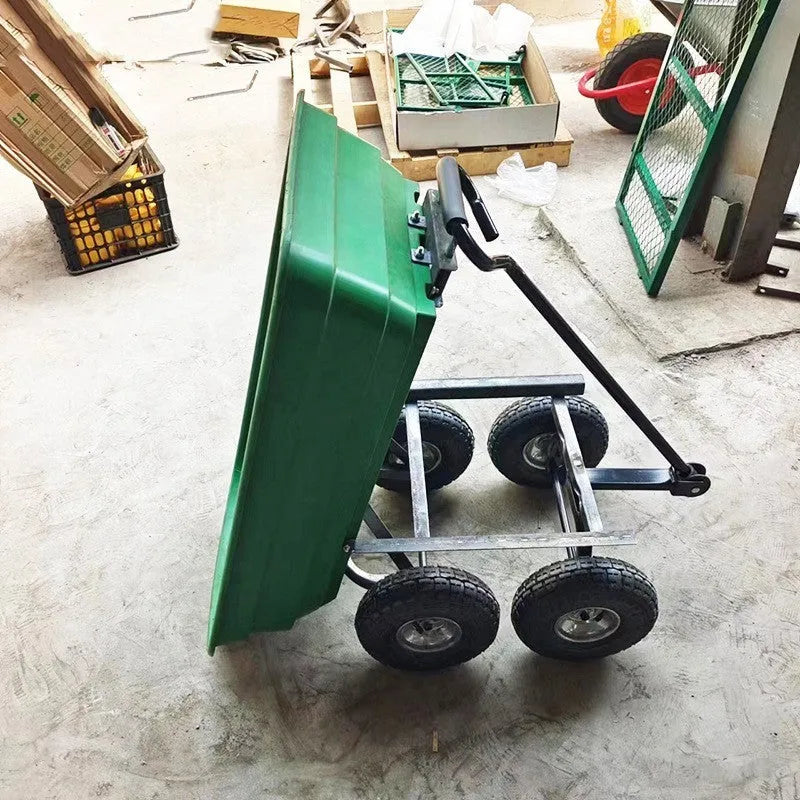 Green four-wheel plastic dump truck for agricultural tools with steel frame