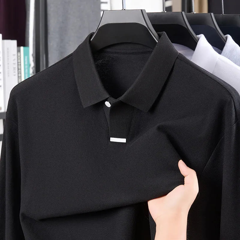 Men's asymmetric lapel cotton polo shirt in loose fit long sleeve available in four colours