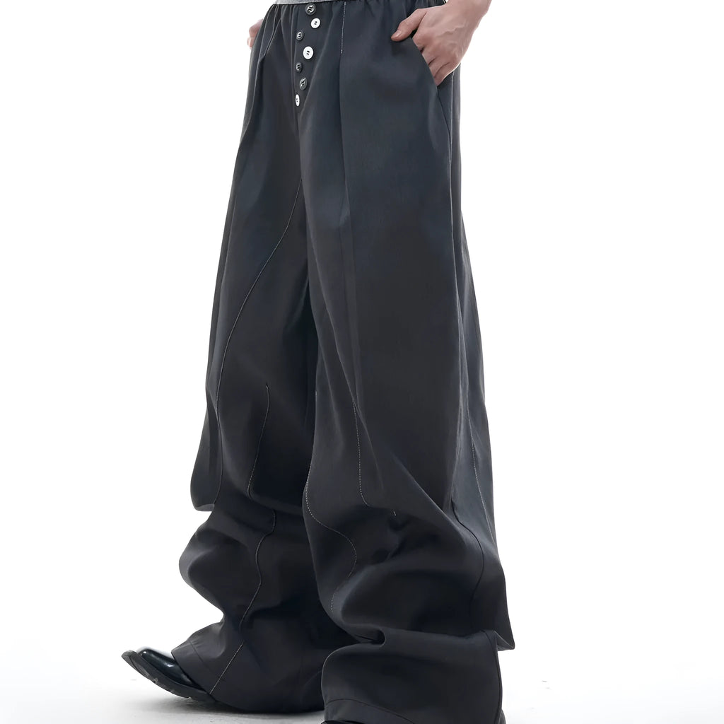 Drooping straight suit pants with button open line design detail on high waist straight-leg trousers