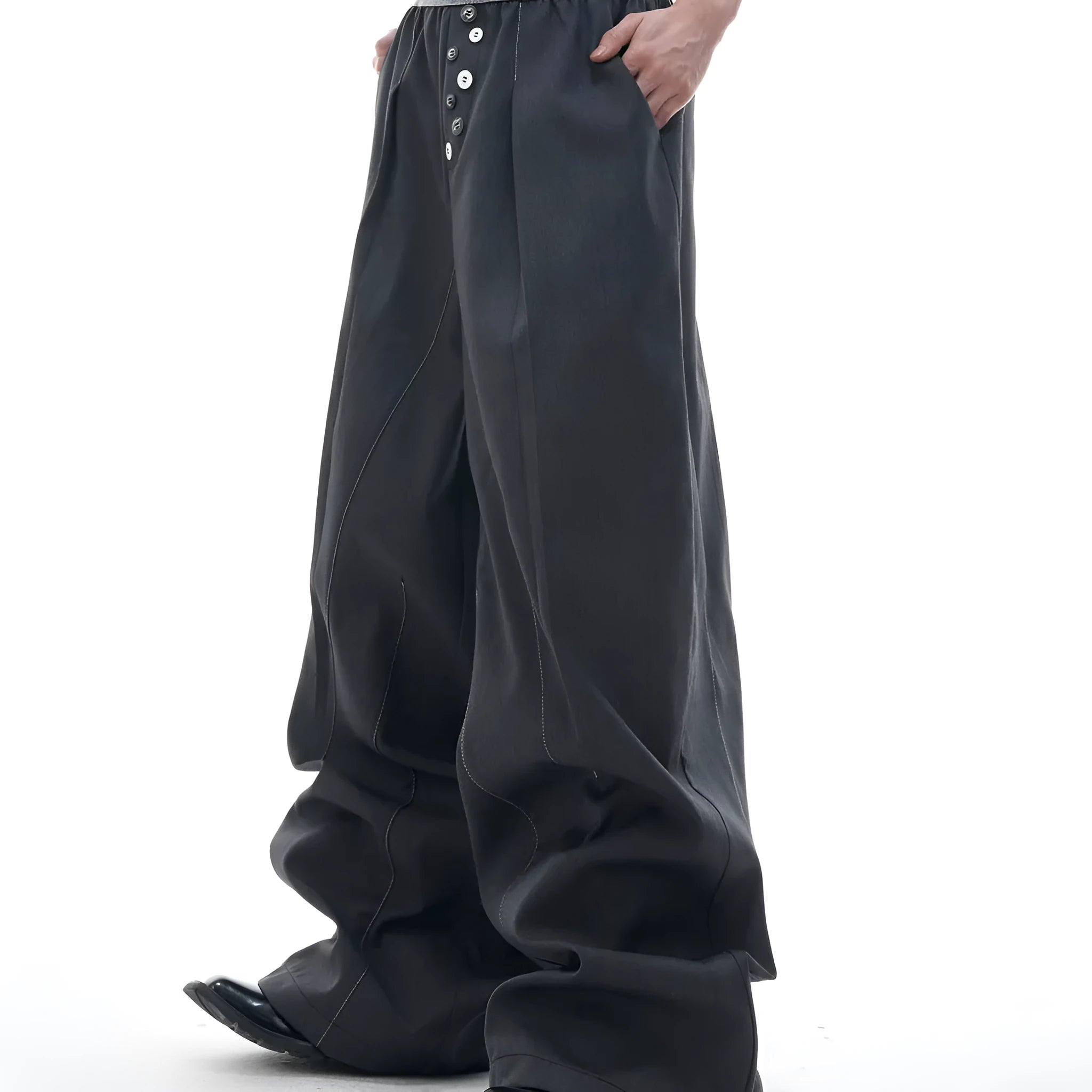 Drooping straight suit pants with button open line design detail on high waist straight-leg trousers