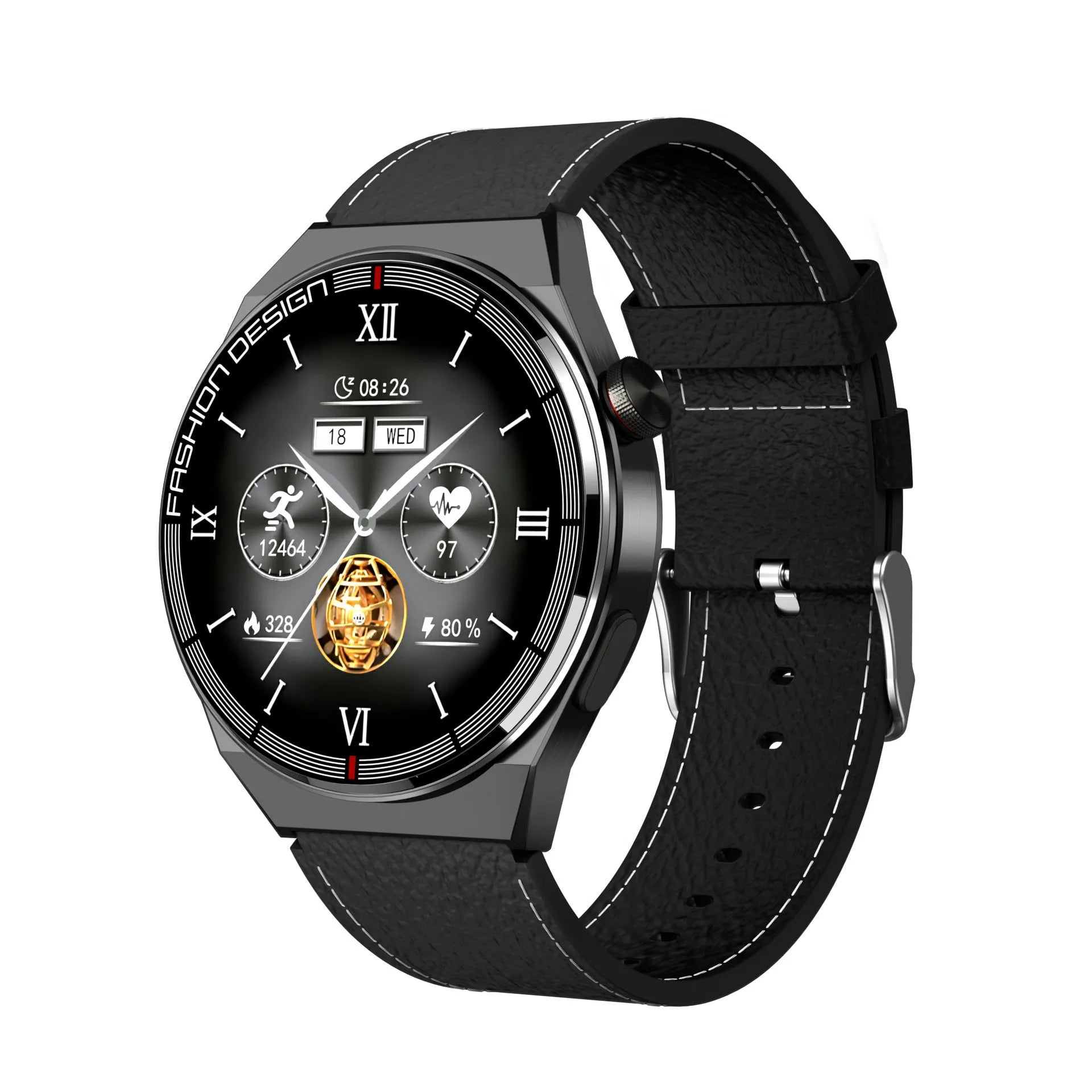 Black smartwatch with 1.28-inch screen on a silicone strap, showing heart rate and time display.