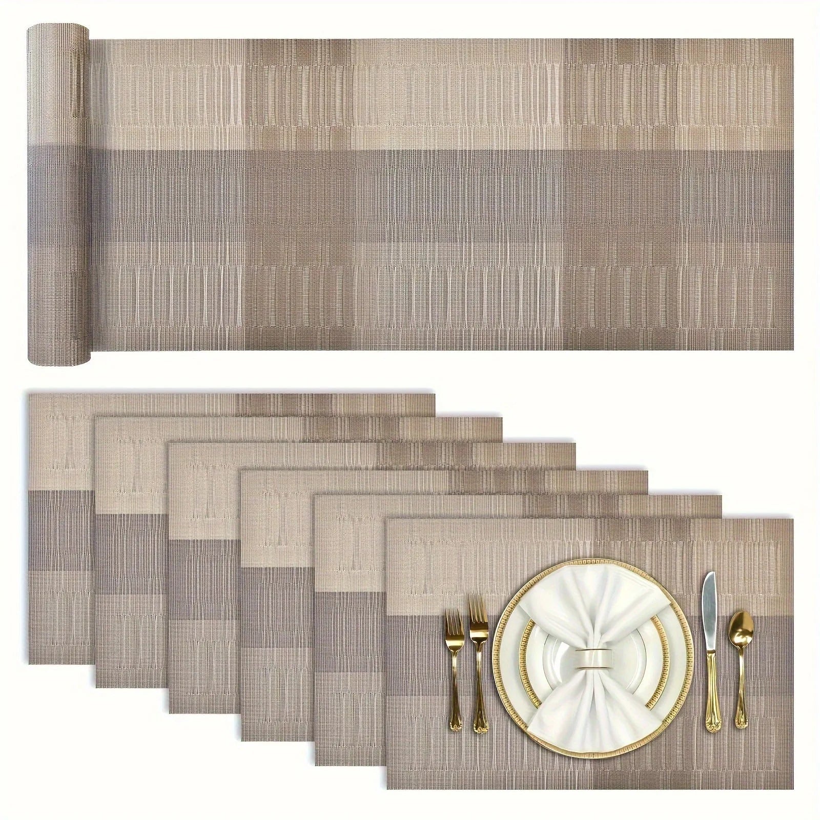 PVC non-slip dish mat in gradient bamboo design protecting kitchen worktop with dishes