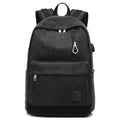 Canvas USB rechargeable backpack with laptop compartment showing multiple storage pockets