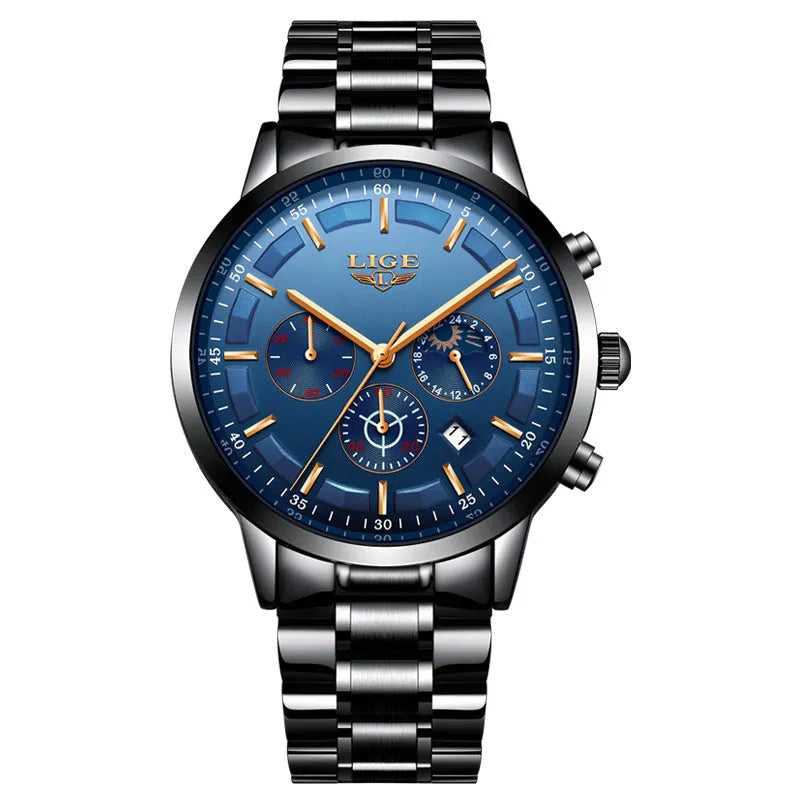 Men's waterproof quartz business sports watch showing four colour options with 12mm thickness