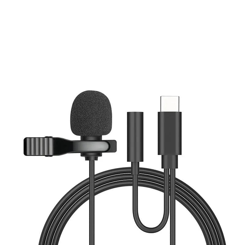 Wired lavalier microphone headset with in-ear headphones and 3.5mm plug for mobile phone recording.