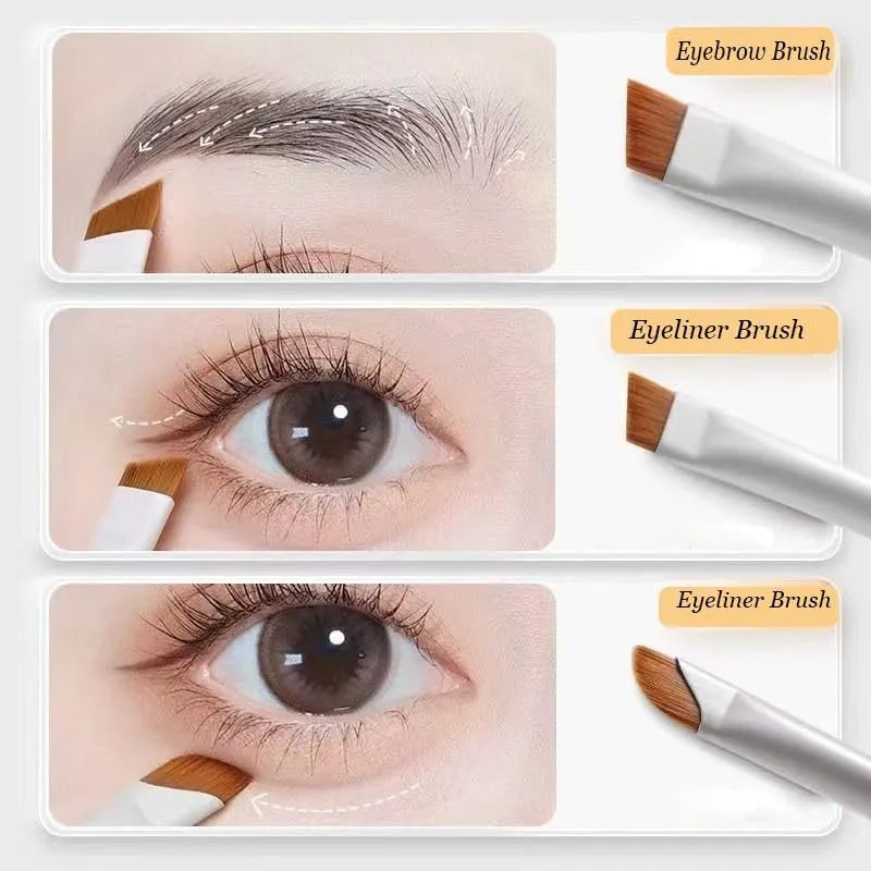 Four angled eyeliner and brow brushes with fine tips next to a leather case.