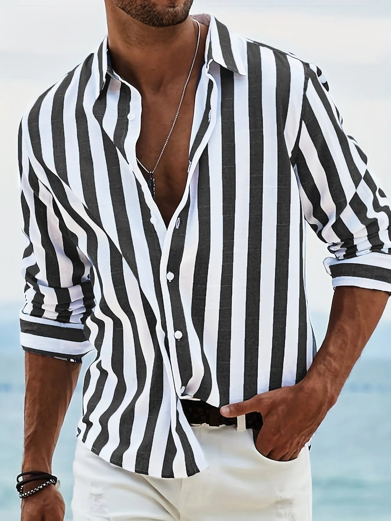 Men's yarn-dyed striped casual shirt with loose British style cardigan fit in polyester fabric