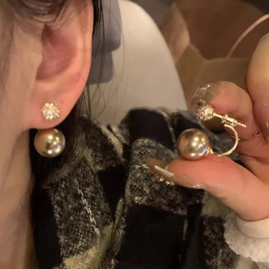 Copper pearl stud earrings in E6563 gold colour geometric shape Korean style for women