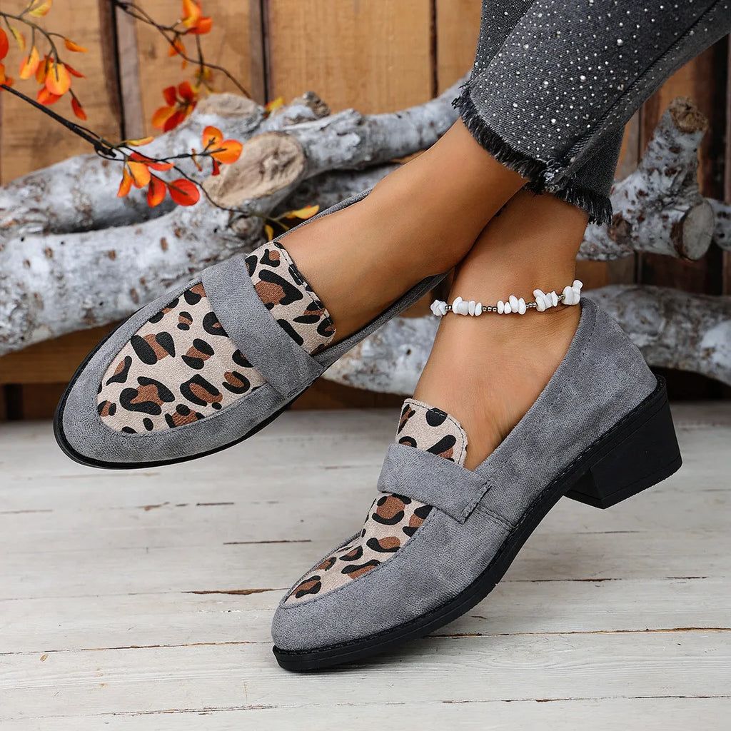Women's leopard print suede slip-on shoes with chunky mid-heel and pointed toe in brown, pink, and khaki
