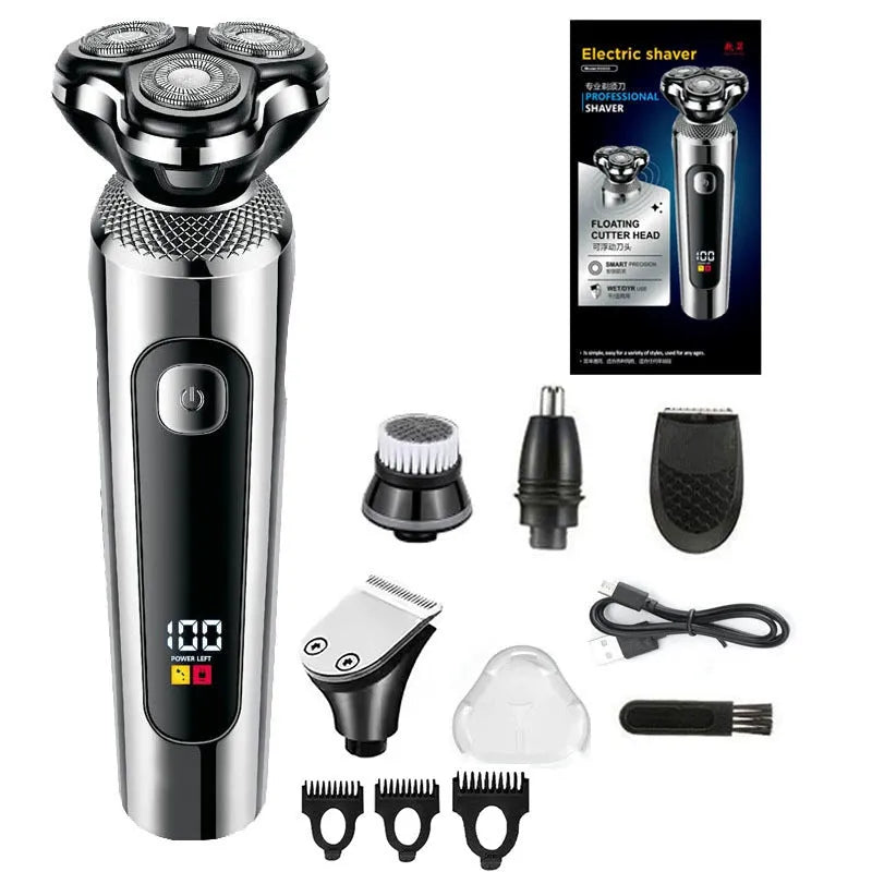 Digital USB rechargeable beard scraper with five-in-one base bracket and LED display.