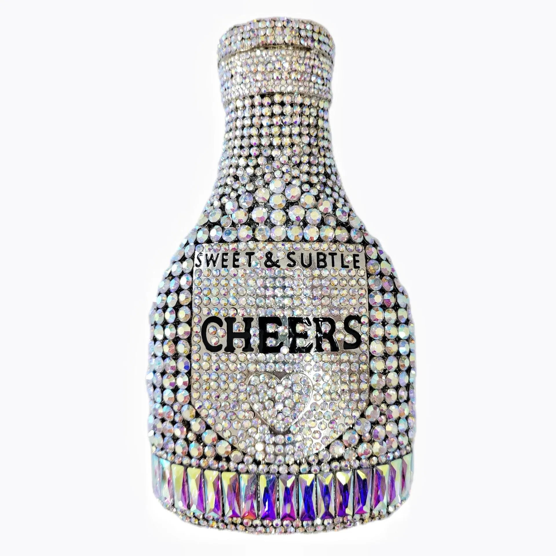 Gold rhinestone champagne bottle shaped evening clutch bag with wrist strap on a dark background.