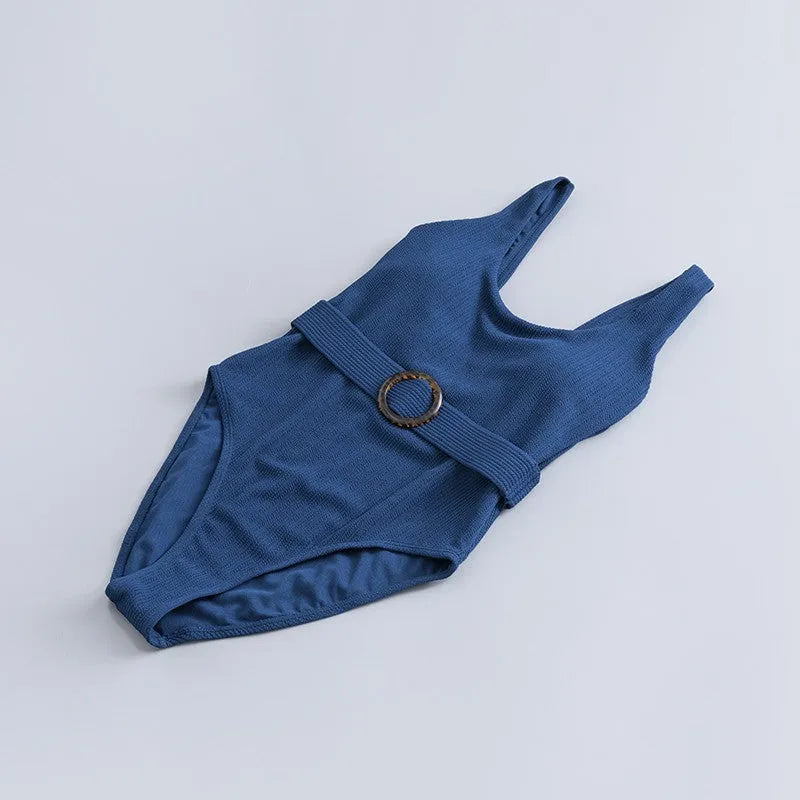Navy blue solid colour women's one-piece slimming swimsuit with triangle design and chest pad