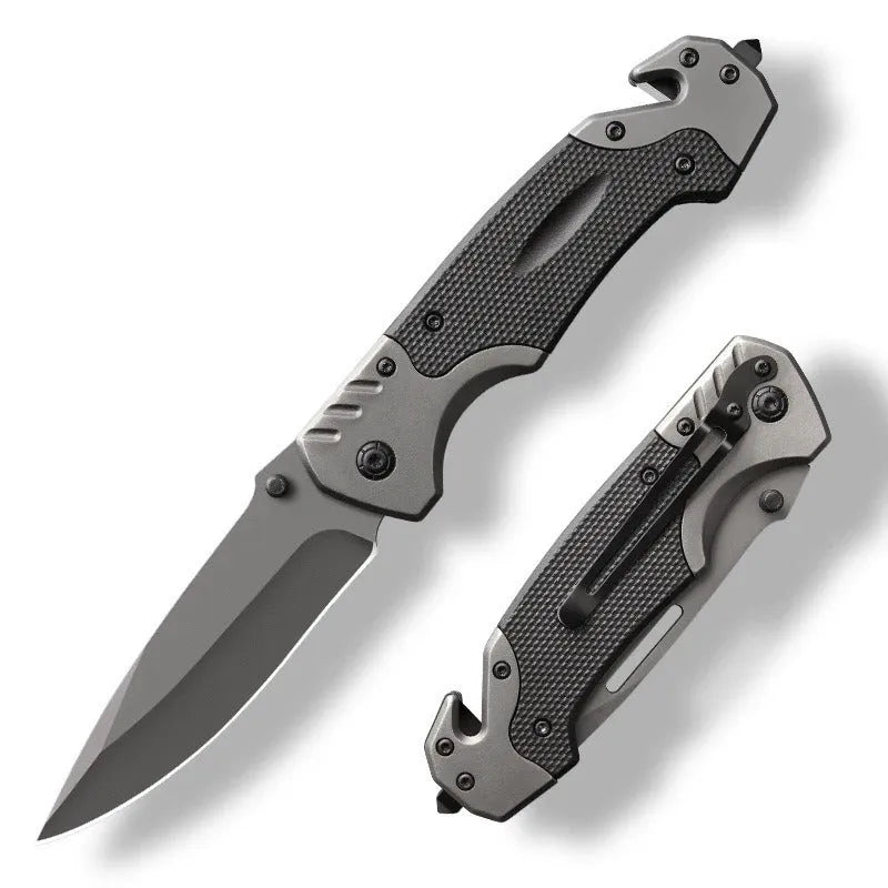 Alloy folding knife with extended blade showing 60-degree tip angle and handle options