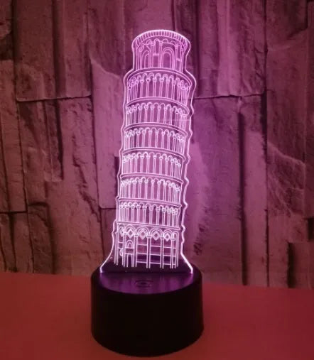 3D acrylic Leaning Tower of Pisa LED nightlight with seven colour lighting on black base