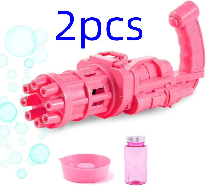 Kids bubble machine gun toy in pink, gold, or black colours with trigger and removable bubblehead.