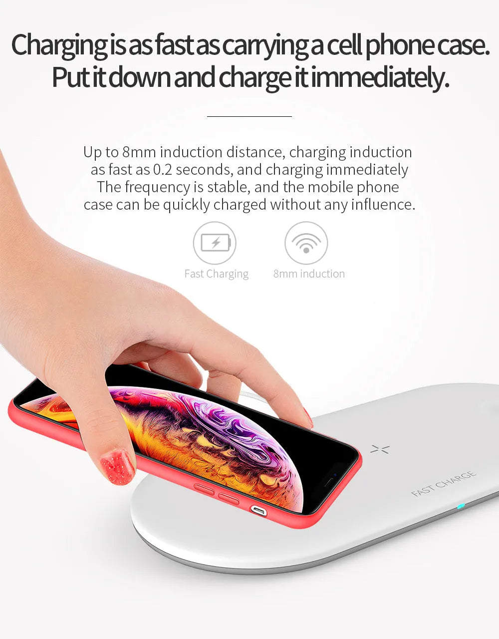 A black or white 3-in-1 wireless charging station for Apple iPhone, watch, and headphones on a desk.