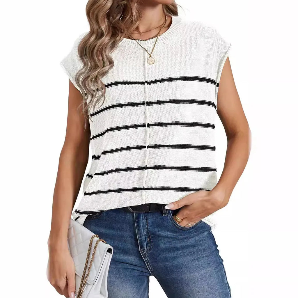 Women's striped sleeveless pullover casual top in apricot colour showing striped seam bone stitching detail.