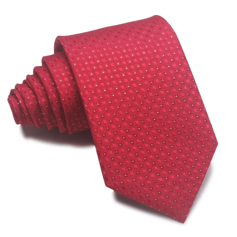 Men's red, black, and blue striped jacquard tie with an arrow shape and 8cm width.
