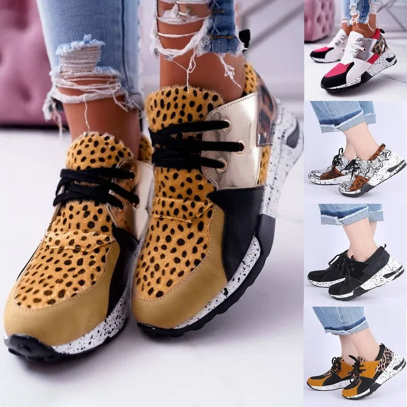 Women's wedge heel suede sneakers in leopard print with round toe and low-cut design