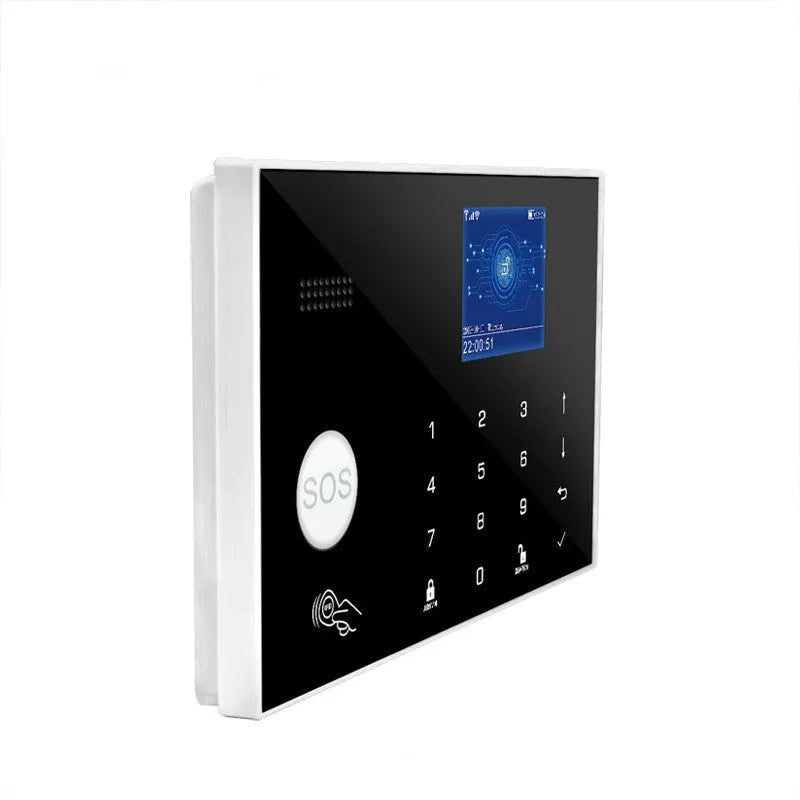 ER G30 model WiFi GSM household alarm host with touch button controls for 100 wireless security zones
