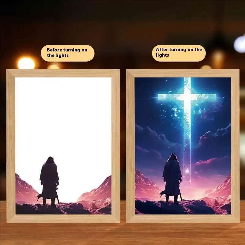 Modern rectangular LED photo frame displaying changeable sea scene artwork with built-in illumination