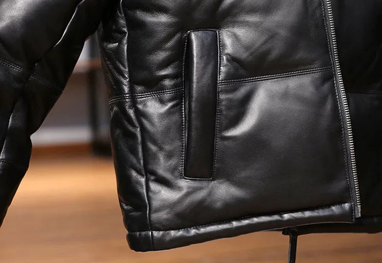Men's black stand collar sheepskin down leather jacket with pocket decoration on a hanger