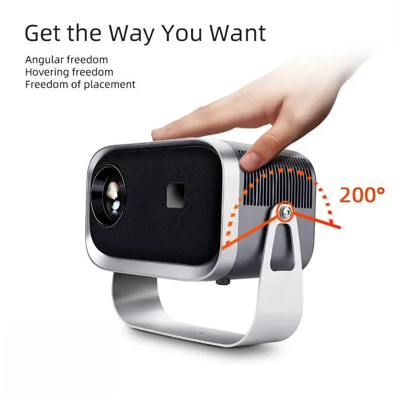 White 4K smart home theatre projector displaying content on wall with mobile phone compatibility shown